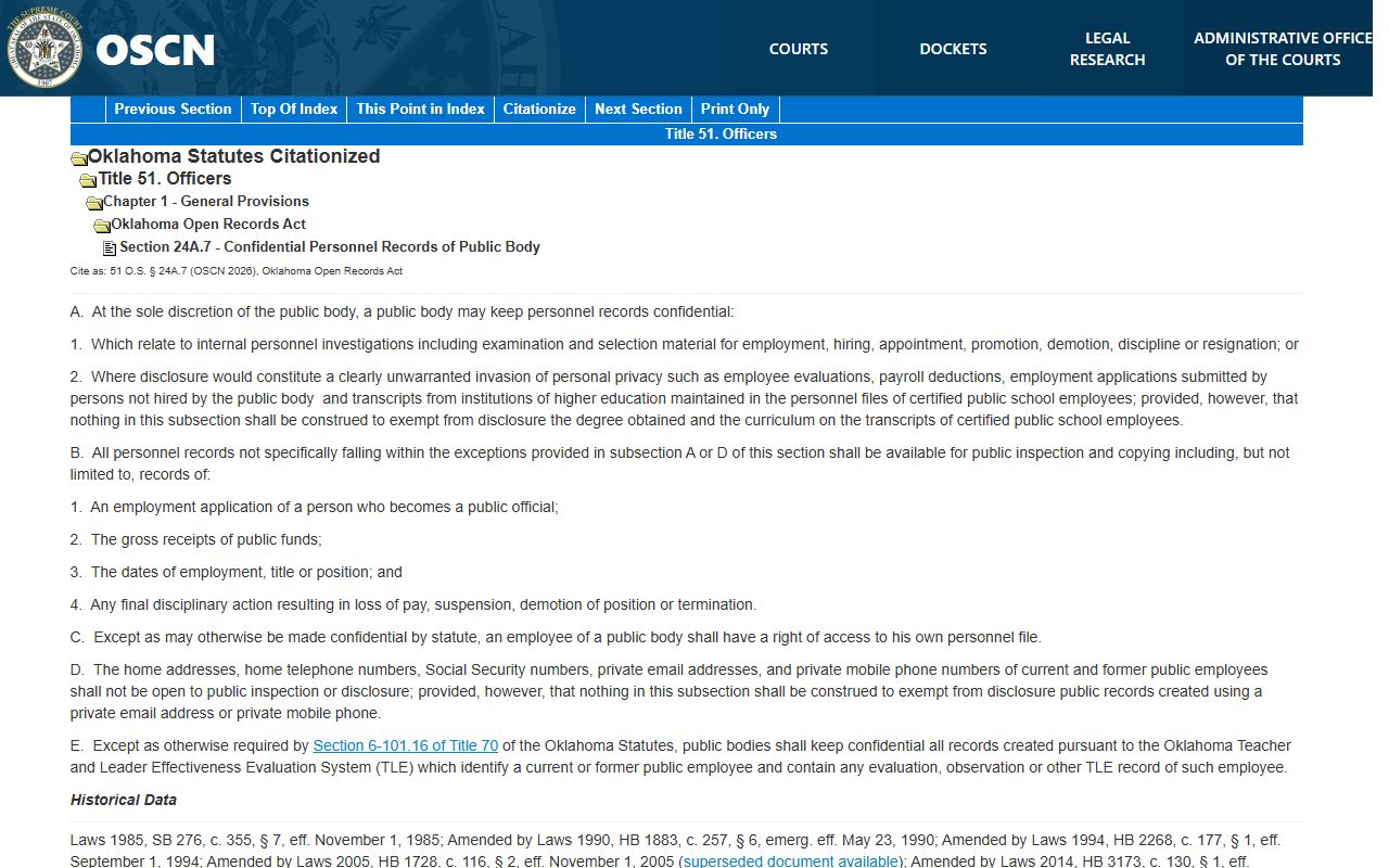 Oklahoma statute on public access to Jefferson County court records