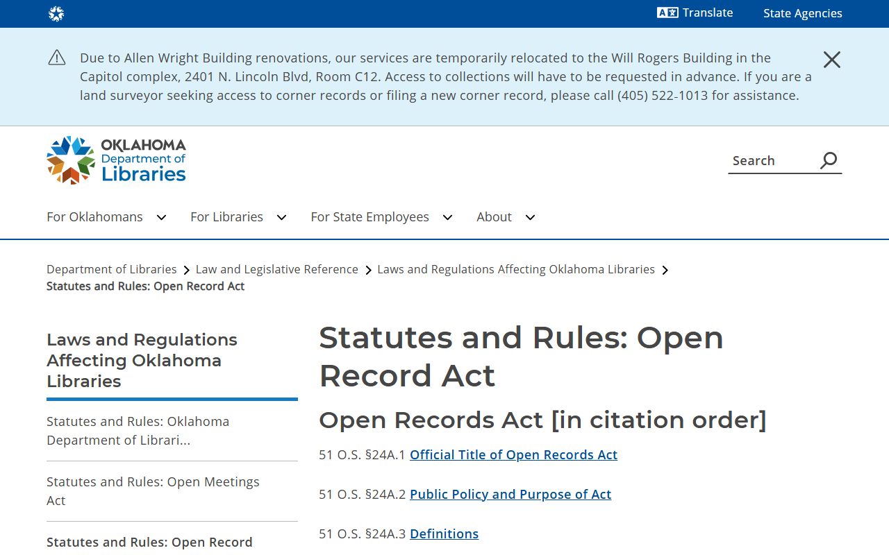 Oklahoma Open Records Act index governing Jefferson County court records
